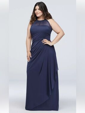 DAVID’S BRIDAL Navy Halter Illusion Maxi Gown